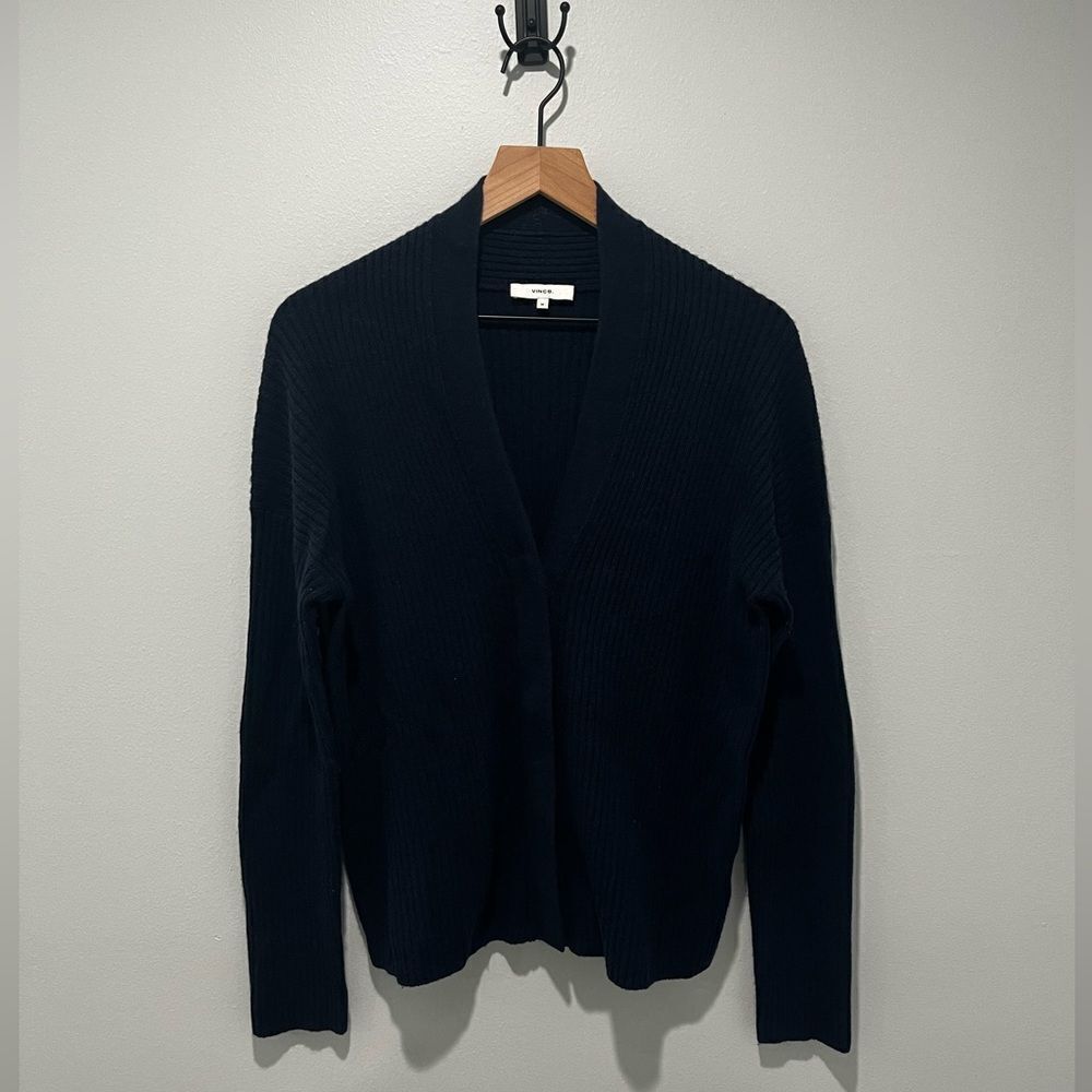 VINCE Navy Ribbed V Neck Wool Cashmere Blend Cardigan Sweater M